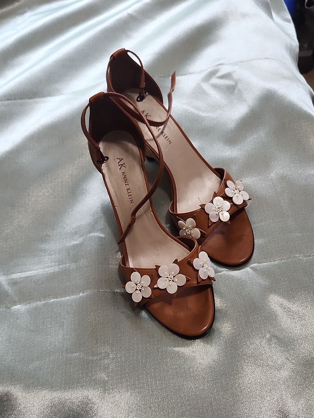 Anne Klein Camel Brown Floral Strap Heeled Sandals